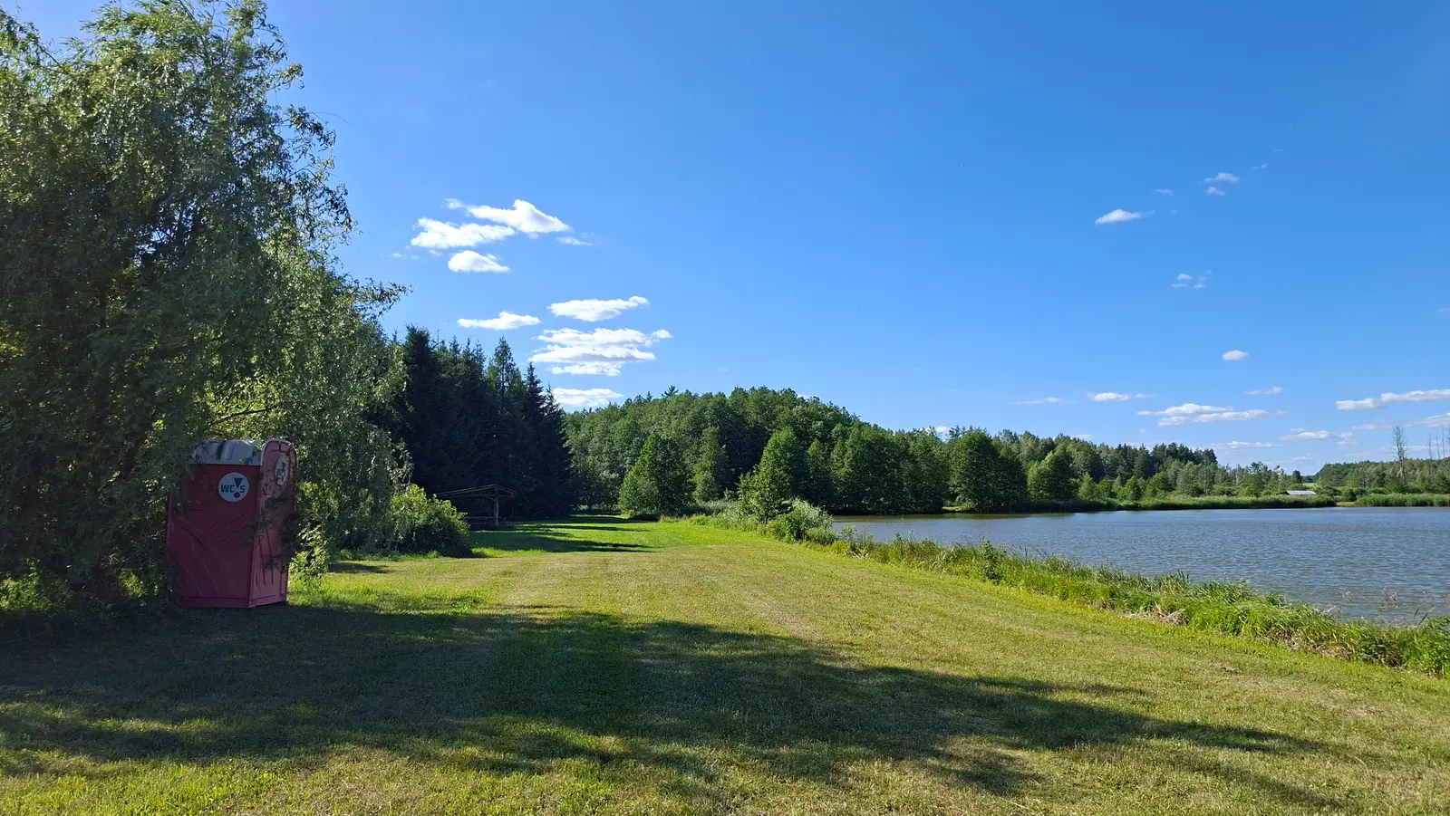 Zdjęcie przedstawia sielski krajobraz w proporcjach 16:9, ukazujący rozległą, zieloną łąkę nad brzegiem spokojnego jeziora w słoneczny dzień. Po lewej stronie kadru, tuż przy dużym, rozłożystym drzewie, stoi wolnostojąca czerwona toaleta przenośna typu Toi-Toi z widocznym logiem „WC Serwis”. Trawa na pierwszym planie jest krótko przystrzyżona i rzuca długie cienie w godzinach popołudniowych, prowadząc wzrok w stronę gęstego, zielonego lasu porastającego dalszy brzeg akwenu. Niebo jest intensywnie niebieskie, niemal bezchmurne, z kilkoma drobnymi, białymi obłokami w oddali. Całość kompozycji tworzy harmonijny widok rekreacyjnego terenu wypoczynkowego na łonie natury.